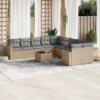 11-tlg. Garten-Sofagarnitur mit Kissen Beige Poly Rattan