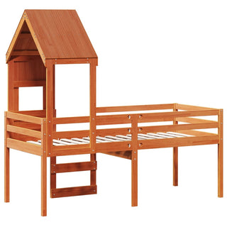 Hochbett mit Dach Wachsbraun 90x190 cm Massivholz Kiefer