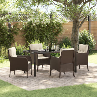 5-teiliger Garten-Ess-Set mit Kissen Braun Poly Rattan