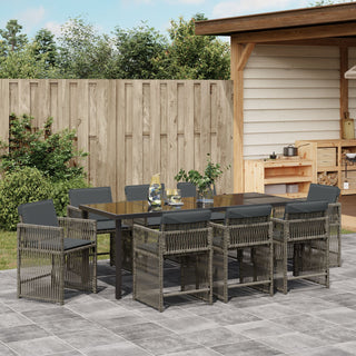 9-teiliges Garten Essset mit Kissen Grau Poly-Rattan