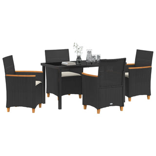5-teiliges Garten-Ess-Set mit Kissen Schwarz Poly-Rattan