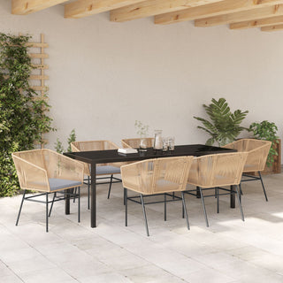 7-teiliges Garten-Ess-Set mit Kissen Braun Poly-Rattan