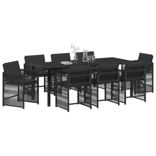 9-teiliges Garten Essset mit Kissen Schwarz Poly Rattan