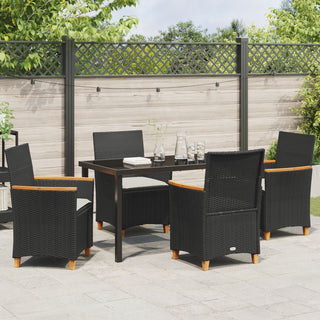 5-teiliges Garten-Ess-Set mit Kissen Schwarz Poly-Rattan