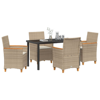 5-teiliges Garten-Ess-Set mit Kissen Beige Poly-Rattan