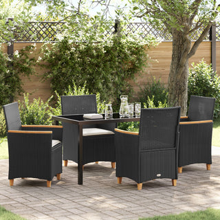 5-teiliges Garten-Ess-Set mit Kissen Schwarz Poly-Rattan