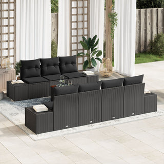 8-teiliges Garten Sofa Set mit Kissen in Schwarz, Poly Rattan, Akazie