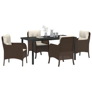5-teiliger Garten-Ess-Set mit Kissen Braun Poly Rattan