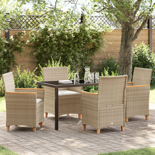 5-teiliges Garten-Ess-Set mit Kissen Beige Poly-Rattan