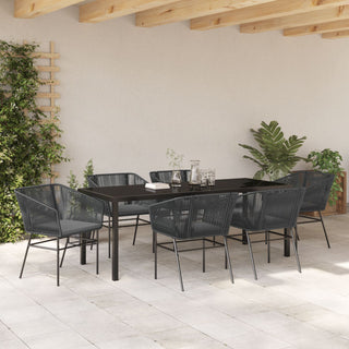7-teiliges Garten-Esszimmer-Set mit Kissen Schwarz Poly-Rattan