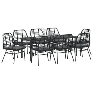 9-teiliges Garten-Essgruppen-Set mit Kissen Schwarz Poly Rattan