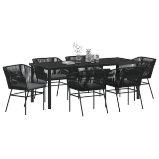 7-teiliges Garten-Esszimmer-Set mit Kissen Schwarz Poly-Rattan