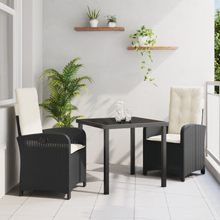 3-teiliges Garten-Essenset mit Kissen Schwarz Poly-Rattan