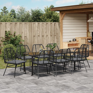 9-teiliges Garten-Essgruppen-Set mit Kissen Schwarz Poly Rattan