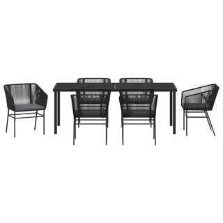 7-teiliges Garten-Esszimmer-Set mit Kissen Schwarz Poly-Rattan